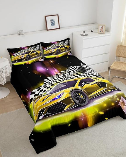 Yellow Sports Car Comforter Sets Full Size, Boys Race Car Bedding for Teens Girls Adult Extreme Speed Race Car Duvet Sets Black and White Grids Print Car Theme Bedroom Decor Quilts - LeafyLoom