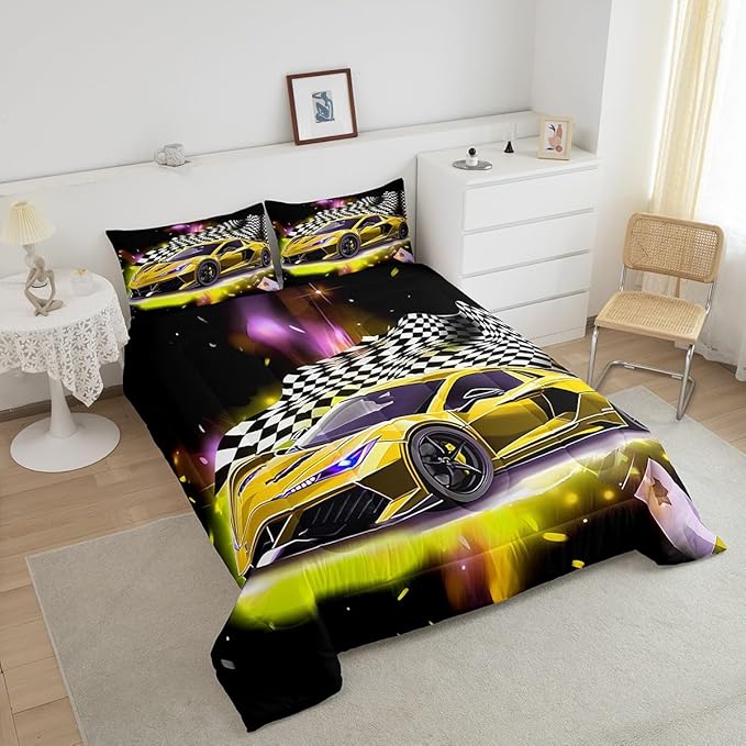 Yellow Sports Car Comforter Sets Full Size, Boys Race Car Bedding for Teens Girls Adult Extreme Speed Race Car Duvet Sets Black and White Grids Print Car Theme Bedroom Decor Quilts - LeafyLoom