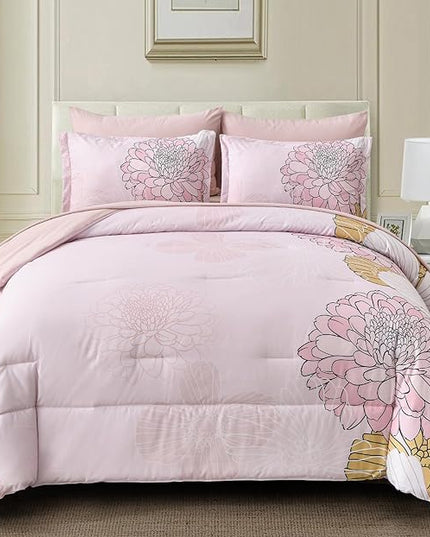 Pink Colorful Comforter Set King Size 7 Piece Floral Bed in a Bag Comforter for All Season Soft Microfiber Bedding Set for Teen Girls Women (103"×90") - LeafyLoom