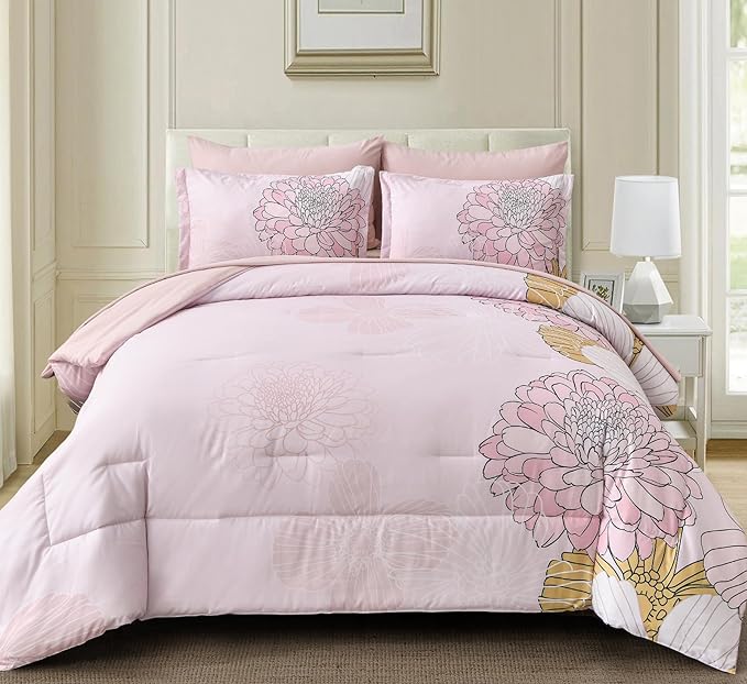 Pink Colorful Comforter Set King Size 7 Piece Floral Bed in a Bag Comforter for All Season Soft Microfiber Bedding Set for Teen Girls Women (103"×90") - LeafyLoom