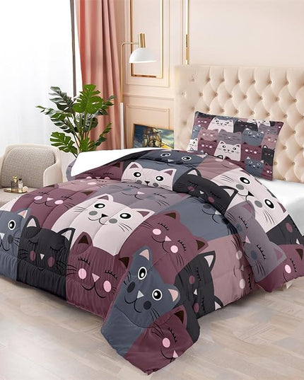 Cat Twin Comforter Set for Bedroom - 2Pcs Grey Cat Comforter Set for Teens Kids Cute Cartoon Cat Bedding Set Ultra Soft Warm Lightweight Kawaii Animal Patterns Comforter with Pillowcase - LeafyLoom