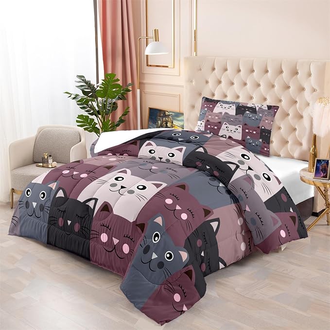Cat Twin Comforter Set for Bedroom - 2Pcs Grey Cat Comforter Set for Teens Kids Cute Cartoon Cat Bedding Set Ultra Soft Warm Lightweight Kawaii Animal Patterns Comforter with Pillowcase - LeafyLoom