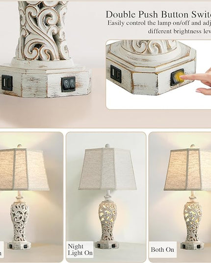 Set of 2 Rustic Table Lamps for Living Room Bedroom, Farmhouse Vintage Nightstand Lamp with 2 USB Ports, Hollow Out Resin Lamp for End Table with Nightlight, Bulbs Included (Wash White) - LeafyLoom