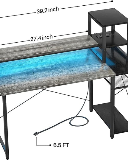 39.4'' Gaming Desk with LED and Storage Shelves, 39 Computer Desk with Long Monitor Stand, Small Desk for Small Space, Simple Study Student Writing Desk, Laptop Table for Home Office, Grey - LeafyLoom