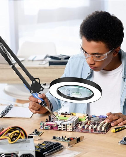 Magnifying Glass with Light and Stand,2-in-1 Lighted Magnifier Deskop lamp with Clamp,5X&10x Real Glass 3 Color Stepless Dimmable Magnifying Desk Lamp for Close Works Reading Crafts Hobby Soldering - LeafyLoom