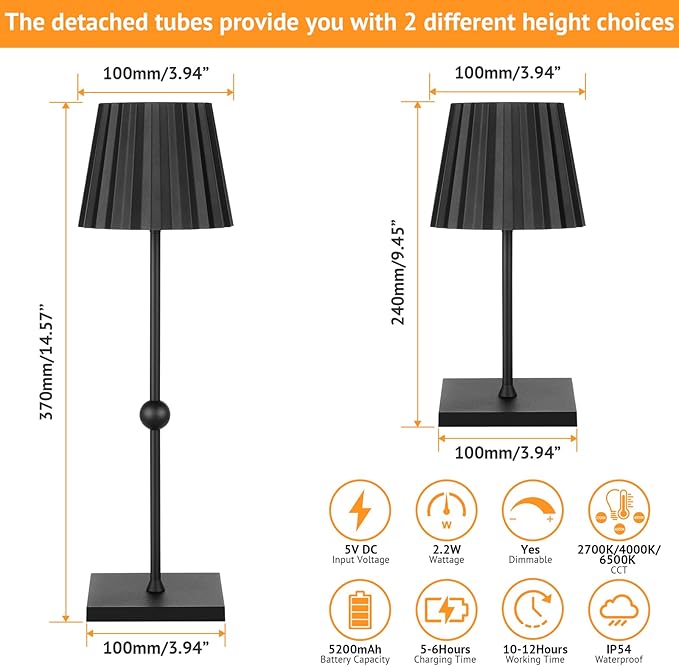 GGOYING Set of 2 Cordless Table Lamp, Dimmable Rechargeable Night Light with 5200mAh Battery 3 Color Temperature,Portable LED Lamp for Couple Dinner Pation - LeafyLoom