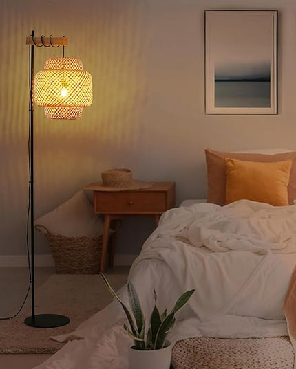 Unique Farmhouse Floor Lamp for Living room, Bedroom and Office, Original Handmade Bamboo Rattan Shade Tall Standing Light Black , Modern Vintage Rustic Rural Décor(No Bulbs) - LeafyLoom