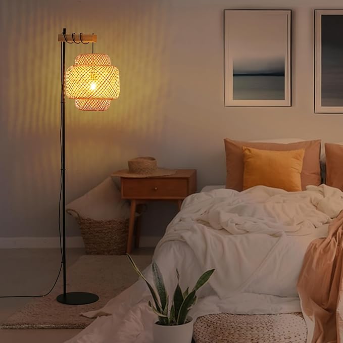 Unique Farmhouse Floor Lamp for Living room, Bedroom and Office, Original Handmade Bamboo Rattan Shade Tall Standing Light Black , Modern Vintage Rustic Rural Décor(No Bulbs) - LeafyLoom