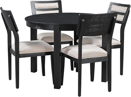 5-Piece Farmhouse Extendable Round Dining Table Set with Two 4 Upholstered Chairs for Kitchen, Breakfast Nook, Living Room, 42"-56" L x 42" W x 30" H, Black(2 Small Drawers) - LeafyLoom