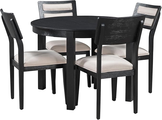 5-Piece Farmhouse Extendable Round Dining Table Set with Two 4 Upholstered Chairs for Kitchen, Breakfast Nook, Living Room, 42"-56" L x 42" W x 30" H, Black(2 Small Drawers) - LeafyLoom