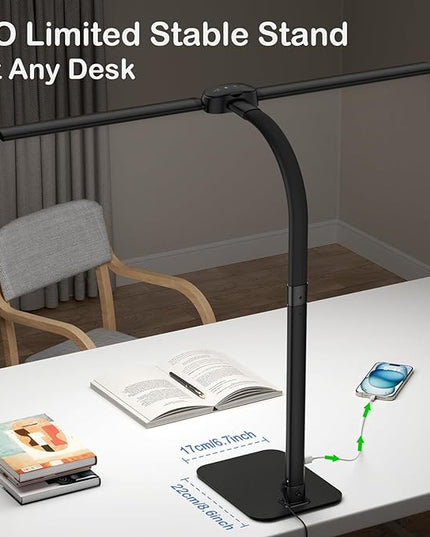 Desk Lamp with USB Charging Port for Home Office 24w Architect Remote Base Dual Task Led Light Modern 5 Color Modes Dimmable Adjustable Gooseneck Double Head Reading Drafting Eye Caring Tall Lamps - LeafyLoom
