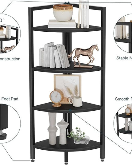 SAYGOER Corner Bookshelf 4 Tier Stand Corner Ladder Shelf Modern Storage Organizer Bookcase Industrial Display Rack Shelves for Small Space, Living Room,Home Kitchen,Office, Black - LeafyLoom