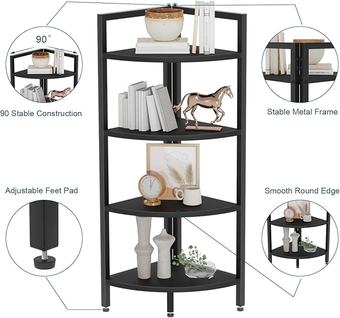 SAYGOER Corner Bookshelf 4 Tier Stand Corner Ladder Shelf Modern Storage Organizer Bookcase Industrial Display Rack Shelves for Small Space, Living Room,Home Kitchen,Office, Black - LeafyLoom