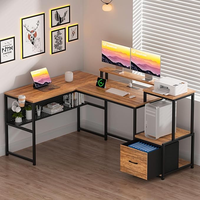 GreenForest 69 inch L Shaped Computer Desk with Drawers and Printer Stand, Gaming Desk with Power Outlet, Monitor Shelf, Storage Shelves and Hooks for Home Office Working, Writing, Studying, Walnut - LeafyLoom