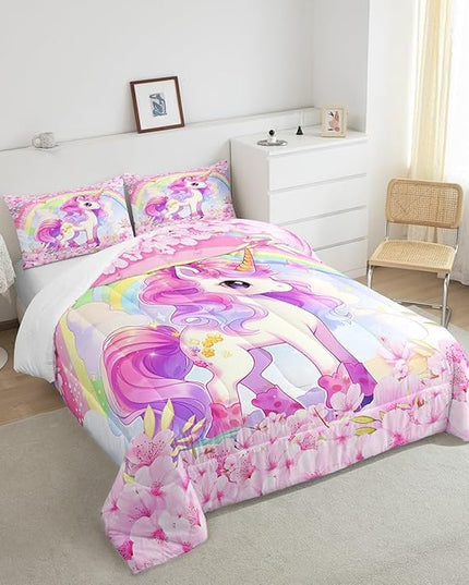 Cartoon Unicorn Kids Comforter Set Twin Size,Sakura Cherry Blossom Japanese Bedding Set,Girls Women Room Decor,Rainbow Unicorn Cute Down Comforter,Pink Purple Romantic Duvet Insert,1 Pillowcase - LeafyLoom