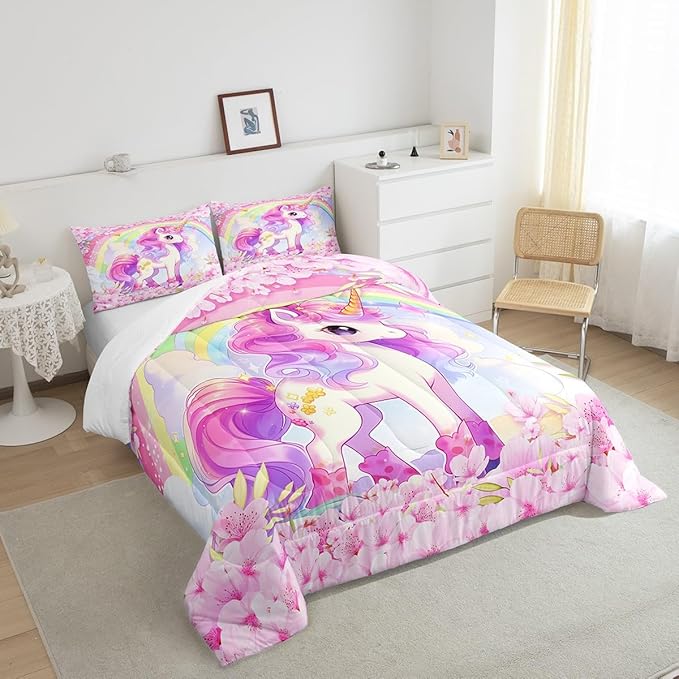 Cartoon Unicorn Kids Comforter Set Twin Size,Sakura Cherry Blossom Japanese Bedding Set,Girls Women Room Decor,Rainbow Unicorn Cute Down Comforter,Pink Purple Romantic Duvet Insert,1 Pillowcase - LeafyLoom