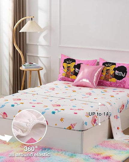 A Nice Night Black Girl Little Princess Comforter Set, Pink 6Pcs Bed in A Bag Twin Size Sparkling Stars Bedding Set,for Kids, Girls - LeafyLoom