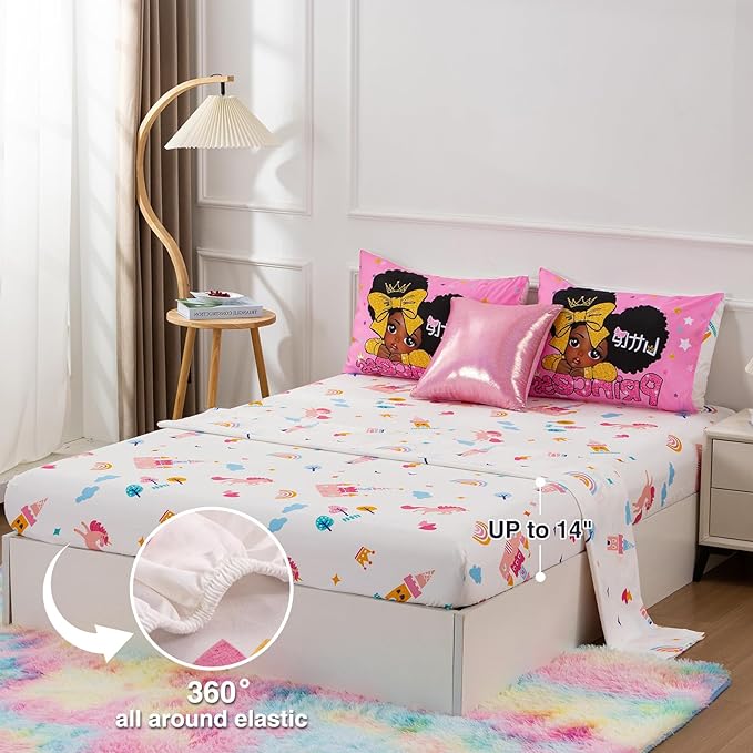 A Nice Night Black Girl Little Princess Comforter Set, Pink 6Pcs Bed in A Bag Twin Size Sparkling Stars Bedding Set,for Kids, Girls - LeafyLoom