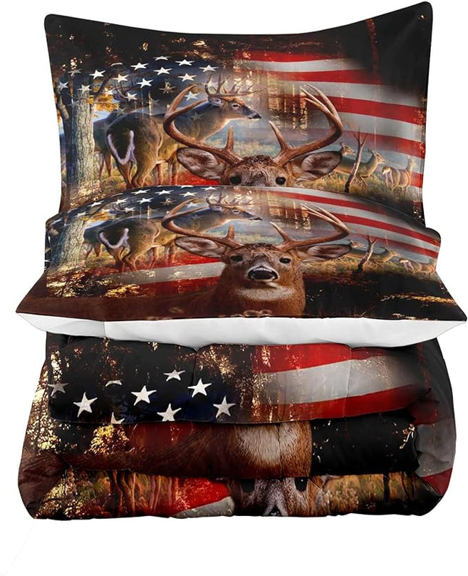 LUVIVIHOME 3PCS Hunting Deer Comforter Set, Camo Comforter, Queen Bed Set, Patriotic American Flag Hunter Woodland Forest Animal Elk Moose Wildlife Cabin Country Rustic Bedding Quilt, 2 Pillow Shams - LeafyLoom
