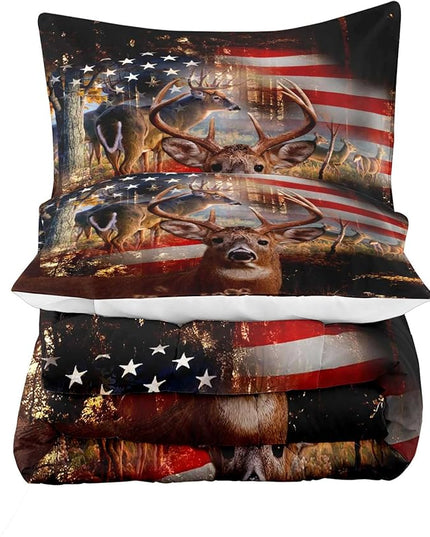 LUVIVIHOME 3PCS Camo Hunting Comforter Set, Deer Comforter King Size, Patriotic American Flag Hunter Woodland Forest Animal Elk Moose Wildlife Cabin Lodge Country Rustic Bedding Quilt, 2 Pillow Shams - LeafyLoom