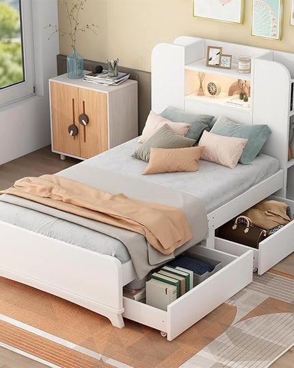Merax Twin Bed Frame with Shelves and Storage Drawers Underneath,White Twin Size Platform Bed with Headboard and Light - LeafyLoom