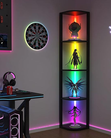ROJASOP 5 Tiers Corner Shelf with Light Tall Display Shelf for Collectibles Control Multiple Color Lights via APP and Remote Control Floor Lamp with Shelf Supports Dimming for Living Room Bedroom Home - LeafyLoom