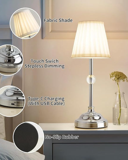 Modern Cordless Table Lamps,5000mAh Rechargeable Battery Operated Table lamp,Chrome Fabric Shade Table Lamps,Portable Touch Desk Lamp with Dimming 3000K LED Night Light for Bedroom/Bedside/Dining Room - LeafyLoom