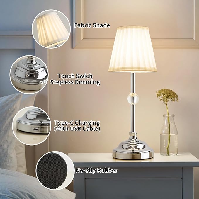 Modern Cordless Table Lamps,5000mAh Rechargeable Battery Operated Table lamp,Chrome Fabric Shade Table Lamps,Portable Touch Desk Lamp with Dimming 3000K LED Night Light for Bedroom/Bedside/Dining Room - LeafyLoom
