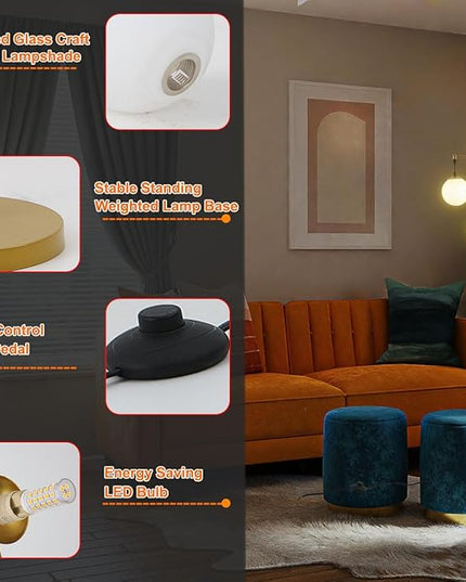 Modern Gold Globe Floor Lamp with 3 Frosted Orb Glass Shade and 3000K LED Bulbs, Mid Century Standing Lamp, Farmhouse Retro Tall Lamp for Living Room Bedroom - LeafyLoom