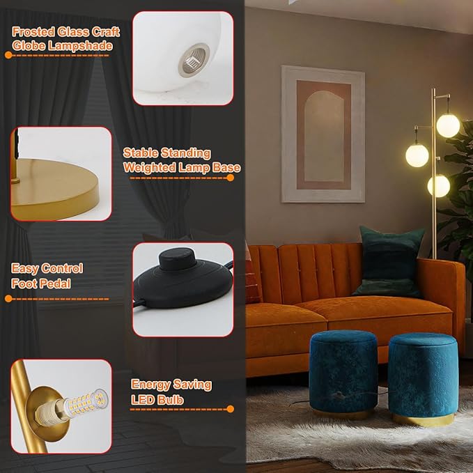 Modern Gold Globe Floor Lamp with 3 Frosted Orb Glass Shade and 3000K LED Bulbs, Mid Century Standing Lamp, Farmhouse Retro Tall Lamp for Living Room Bedroom - LeafyLoom