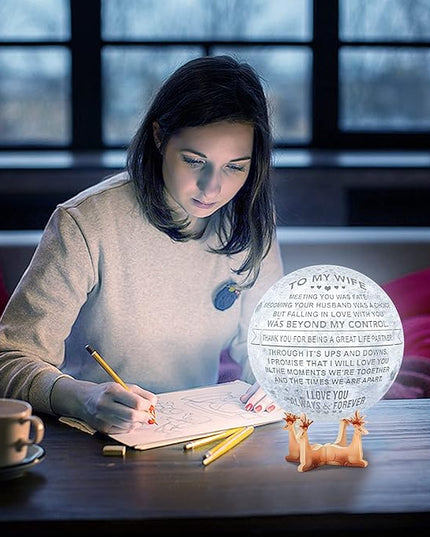 Engraved 3D Moon Lamp Anniversary Valentine‘s Gift for Wife, to My Wife Gifts from Husband, Personalized 5.9 Inch 3D Printing Moon Light Gift for Wife Birthday Mother's Day Gift - LeafyLoom