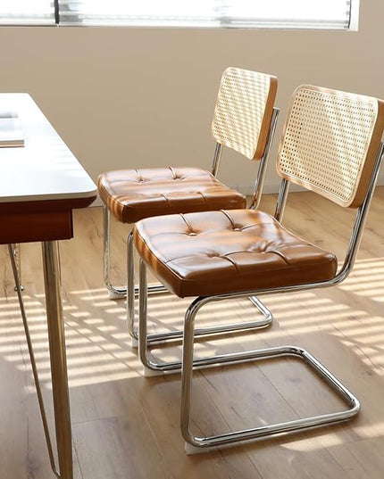 Dining Chairs Set of 2, Faux Leather Rattan Side Accent Chairs with Chrome Legs, Modern Mid Century Designed Chairs for Dining,Living Room,Kitchen Chairs (Leather Brown) - LeafyLoom