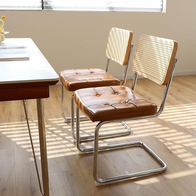 Dining Chairs Set of 2, Faux Leather Rattan Side Accent Chairs with Chrome Legs, Modern Mid Century Designed Chairs for Dining,Living Room,Kitchen Chairs (Leather Brown) - LeafyLoom