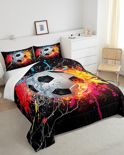 Kids Soccer Twin Size Comforter Set For Boys Football Sports Bedding Set Teen Colorful Grunge Hippie Tie Dye Quilt Comforter Red Blue Water Fire Lightning Duvet Insert Lightweight Bedroom Dorm Decor - LeafyLoom