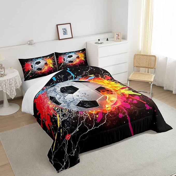 Kids Soccer Twin Size Comforter Set For Boys Football Sports Bedding Set Teen Colorful Grunge Hippie Tie Dye Quilt Comforter Red Blue Water Fire Lightning Duvet Insert Lightweight Bedroom Dorm Decor - LeafyLoom