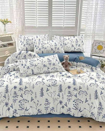 Nanko Blue Floral Comforter Set Queen Size 3 Pcs, White Flower Leaf Printed Pattern Spring Soft Microfiber Alternative Duvet, Vintage Farmhouse Lightweight Bedding Set Bed in a Bag for Women Men 90x90 - LeafyLoom
