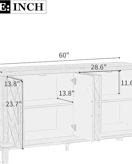 60" 4 Door Retro Sideboard with Adjustable Shelves,Wood Diamond-Shaped Lattice Pattern Storage Buffet Cabinet,w/ 4 Long Handle,for Living Dining Room,Black - LeafyLoom