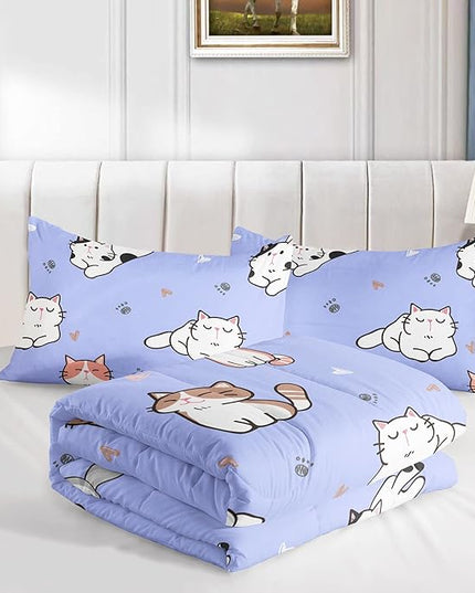 Datura home Purple Kawaii Cat Comforter Bedding Set for Girls Kitten Purple Print Cute Animal Pattern Bedding Set with 1 Comforter and 2 Pillowcases for Girls Bedroom All Season(Cat Purple Full) - LeafyLoom