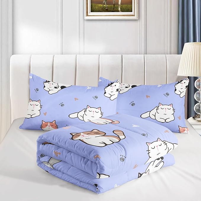 Datura home Purple Kawaii Cat Comforter Bedding Set for Girls Kitten Purple Print Cute Animal Pattern Bedding Set with 1 Comforter and 2 Pillowcases for Girls Bedroom All Season(Cat Purple Full) - LeafyLoom
