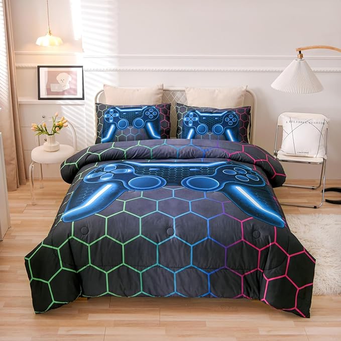 NTBED Game Console Comforter Set for Boys Girls Kids 3D Gaming Geometric Lightweight Microfiber Bedding Sets (Multi, Twin) - LeafyLoom