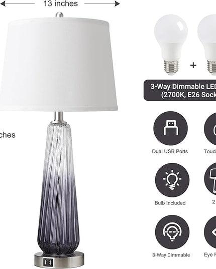 QiMH Table Lamps Set of 2 with Touch Control, 3-Way Dimmable Modern Glass Bedside Lamps with 2 USB Ports, Nightstand Lamp with White Shade, 27.5" Large Lamps for Living Room Bedrooms Decor, Grey - LeafyLoom