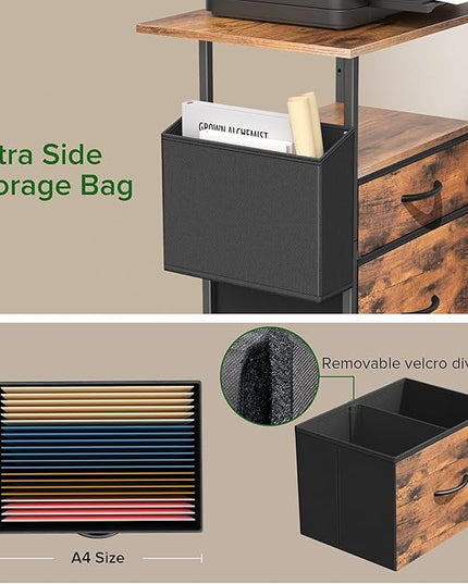 Mobile File Cabinet, 2 Fabric Drawer Filing Cabinet with Side Bag, Rolling Storage Organizer for Home Office, Vertical Printer Stand, Fits A4/Letter Size (Rustic Brown) - LeafyLoom