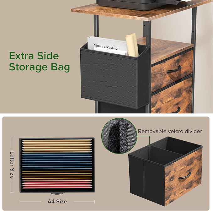 Mobile File Cabinet, 2 Fabric Drawer Filing Cabinet with Side Bag, Rolling Storage Organizer for Home Office, Vertical Printer Stand, Fits A4/Letter Size (Rustic Brown) - LeafyLoom