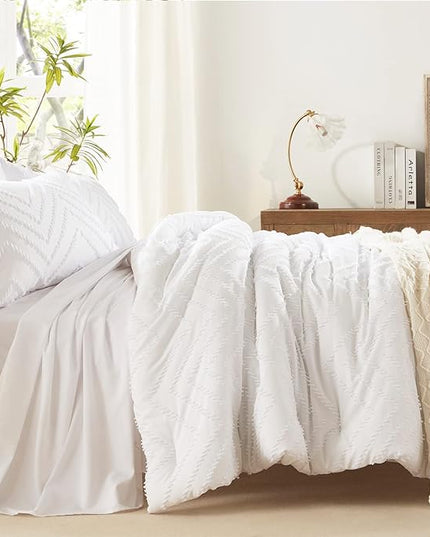 Anluoer King Bed in a Bag 7 Pieces,White Tufted Comforter Set with comforters and sheets, All Season Bedding Sets with 1 Comforter, 2 PillowShams, 2 Pillowcases, 1 Flat Sheet, 1 Fitted Sheet - LeafyLoom