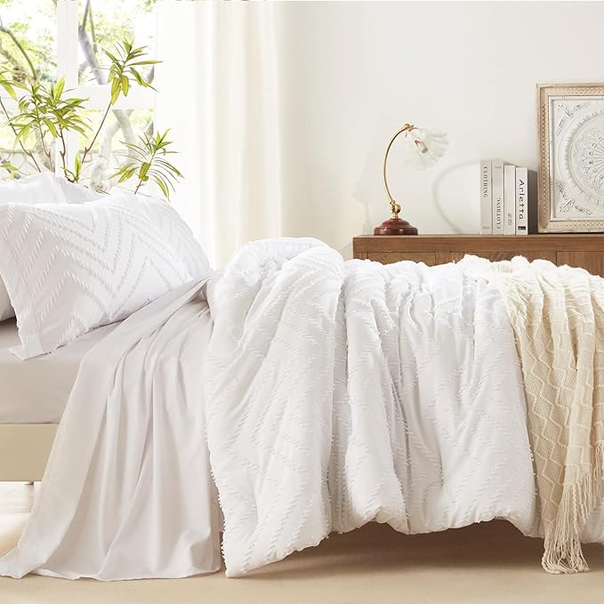 Anluoer King Bed in a Bag 7 Pieces,White Tufted Comforter Set with comforters and sheets, All Season Bedding Sets with 1 Comforter, 2 PillowShams, 2 Pillowcases, 1 Flat Sheet, 1 Fitted Sheet - LeafyLoom