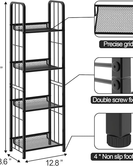 Bookshelf Vertical Storage Freestanding Storage Stand for Living Room, Bedroom, Kitchen, Rust Resistance, Easy Assemblyl Free CombinationMulti-Functional Organizer (4 Tiers, Black) - LeafyLoom