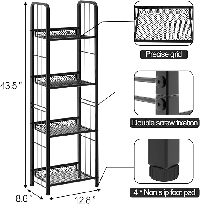 Bookshelf Vertical Storage Freestanding Storage Stand for Living Room, Bedroom, Kitchen, Rust Resistance, Easy Assemblyl Free CombinationMulti-Functional Organizer (4 Tiers, Black) - LeafyLoom