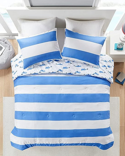 Mizone Kids Blake Reversible Dolphin Comforter Set - Adventure Animal Adorable Print with Stripe Reverse, Fun Bedroom Décor, Modern All Season Kids Bedding, Matching Sham, Full/Queen, Blue 3 Piece - LeafyLoom
