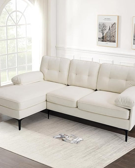 COHOME L-Shaped Couch for Living Room, Chenille Upholstered Couch with Reversible Chaise, Apartment Couch with Deep Seat,Washable Cover,Beige White - LeafyLoom