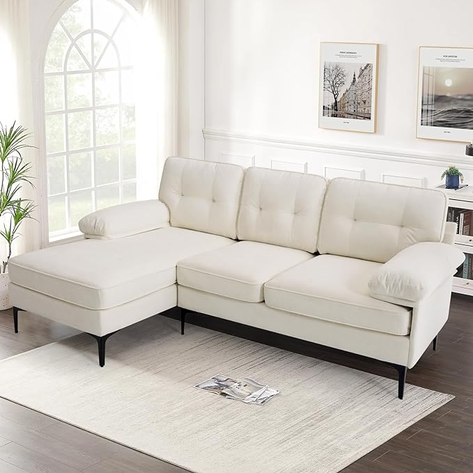 COHOME L-Shaped Couch for Living Room, Chenille Upholstered Couch with Reversible Chaise, Apartment Couch with Deep Seat,Washable Cover,Beige White - LeafyLoom